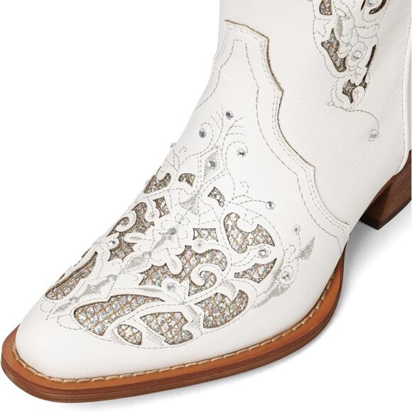 Women White Pointed Toe Pull On Rhinestones Chunky Heel Knee High Western Boots - Picture 7 of 7